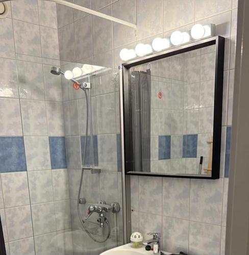 La salle de bains est pourvue d'une douche avec un miroir et un lavabo. dans l'établissement Orivesi keskusta, à Orivesi