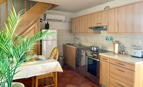 a kitchen with wooden cabinets and a table with a plant at Istrian house Casa del nonno in Šmarje