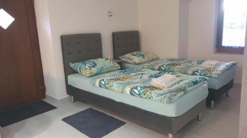 two twin beds with pillows on them in a room at Apartman Lusi in Buzdohanj