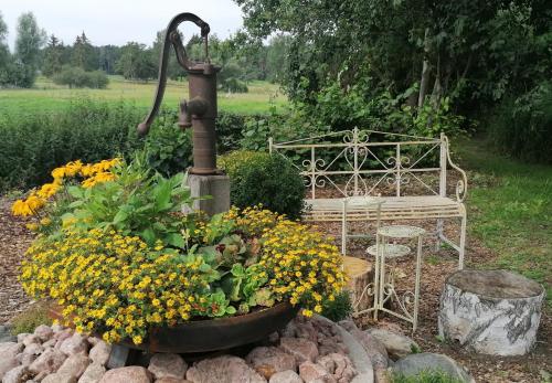 a garden with a fountain and a bench and flowers at Landtraum im Traumland Mecklenburg in Warin