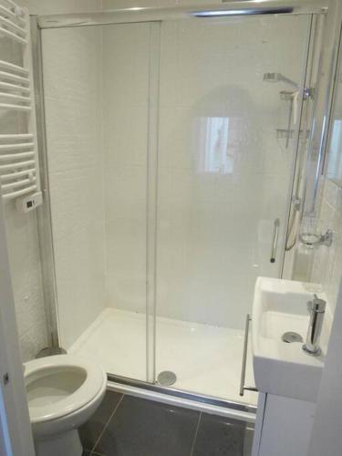 a bathroom with a shower and a toilet and a sink at Apartment with Roof Terrace - Centre of Yarmouth in Yarmouth