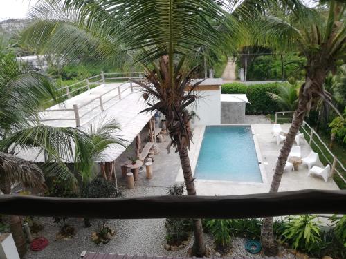 an overhead view of a swimming pool with palm trees at Residencia El Balatà in Las Terrenas