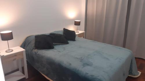 ein Schlafzimmer mit einem Bett mit zwei Nachttischen und zwei Lampen in der Unterkunft 9y45 in La Plata