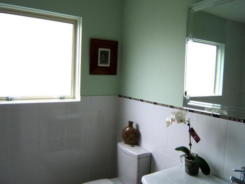 a bathroom with a toilet and a window and a sink at The Beach House Bed and Breakfast in Maungatapu