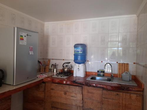 a kitchen with a sink and a mixer on a counter at Cabañas Refugio Nativo in Santa Cruz