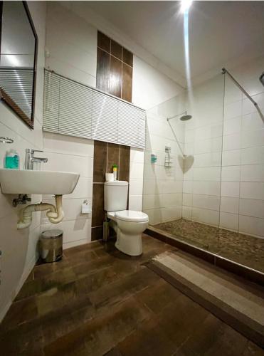 a bathroom with a toilet and a sink and a shower at Swane’s guesthouse in Rustenburg