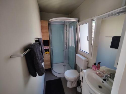 uma casa de banho com um chuveiro, um WC e um lavatório. em ARIA Mobile Home, Oaza Mira 5 Star Camping, Dalmatia em Drage