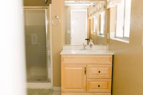 a bathroom with a sink and a mirror and a shower at Adventure Lodge - Moreno in Bass Lake