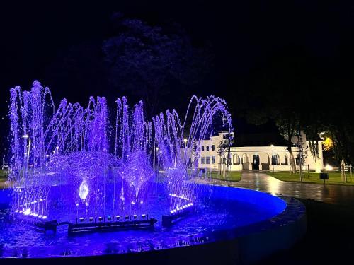 a fountain with blue lights in a city at night at Cozy Apartment in Turnu Măgurele