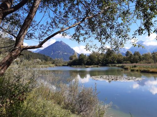 a view of a river with a mountain in the background at Pension Leitner in Hofen