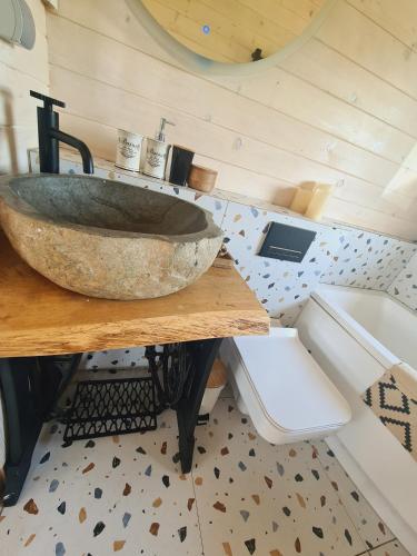 a bathroom with a stone sink on a table at Cuda Wianki in Zdów