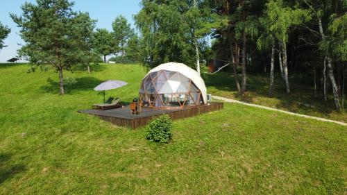 een luchtfoto van een yurt in een veld bij Glamping Zarasai in Palivarkas