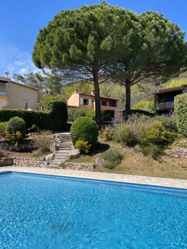 une piscine en face d'une maison avec un arbre dans l'établissement Maison de Saint Arnoux, à Tourrettes-sur-Loup