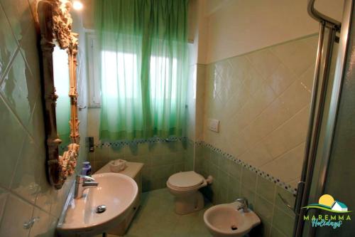 ein grünes Bad mit einem Waschbecken und einem WC in der Unterkunft Maremma Holidays : Fiore Apartment in Follonica