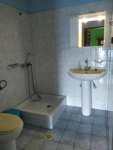 a bathroom with a sink and a shower and a toilet at Double studio room in Mylopotamos with beautifull view in Tsagarada