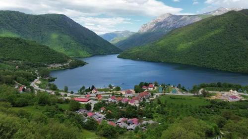 an aerial view of a village in a valley of a lake at Apartman Andjela in Pluzine