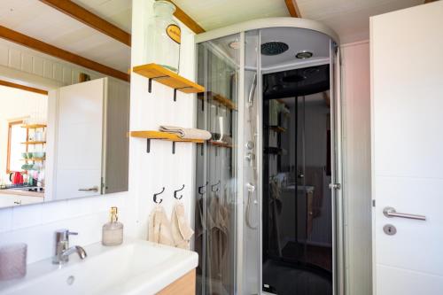 ein Bad mit einer Dusche und einem Waschbecken in der Unterkunft Tiny House 300 Meter vom Zentrum entfernt in Eberswalde