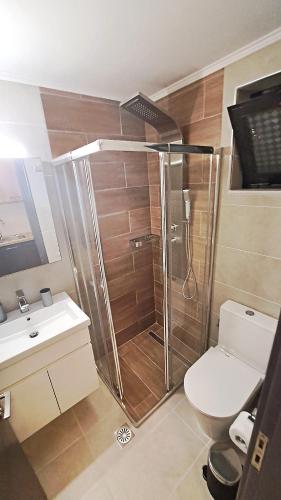 uma casa de banho com um chuveiro, um WC e um lavatório. em La Torre Studio em Alikanas