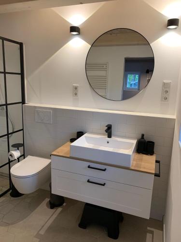 a bathroom with a white sink and a mirror at Hygge-Huus-Burhave in Burhave