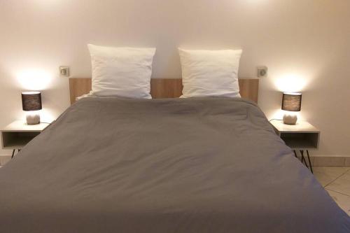 1 cama grande con 2 lámparas en 2 mesas en La dépendance du château de Triviers., en Challes-les-Eaux