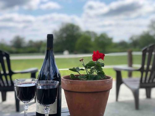 a bottle of wine and a flower on a table with a glass at Gîte "Le Voyageur" in Chamblet