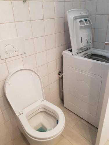 a bathroom with a toilet and a washing machine at Palmela cozy in Palmela