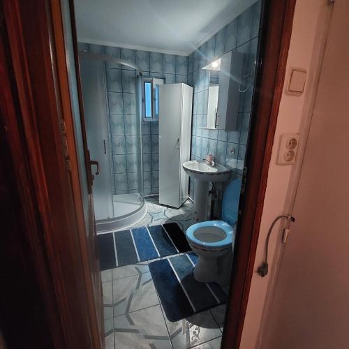 uma casa de banho com um WC, um chuveiro e um lavatório. em Apartament Sara em Bîrlad