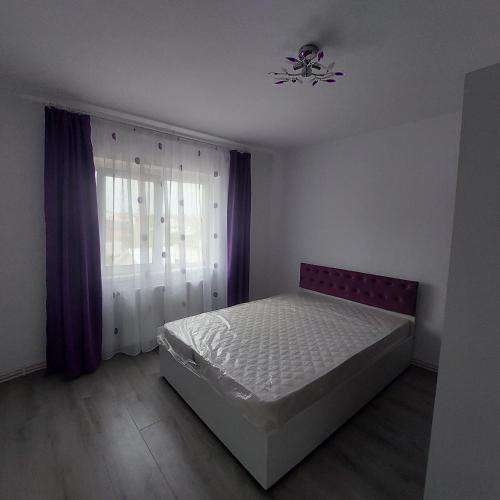 a bedroom with a white bed and a window at Apartament Sara in Bîrlad