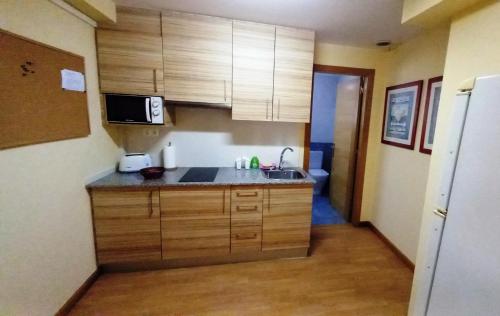 a kitchen with wooden cabinets and a sink at Castelao Apartments in Arzúa
