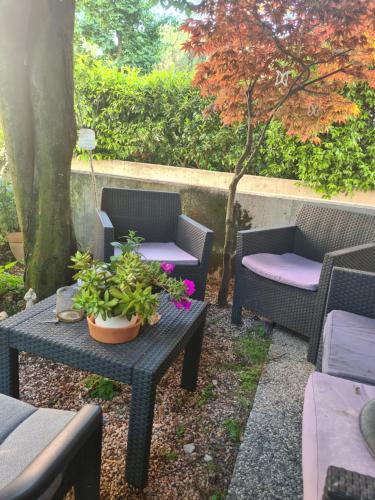 een patio met twee stoelen en een tafel met een plant erop bij 1 ecological room near Venice airport - in Mogliano Veneto