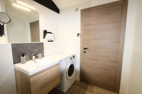 une salle de bain avec un lavabo et une machine à laver dans l'établissement Le duplex Nancy Thermal, à Nancy