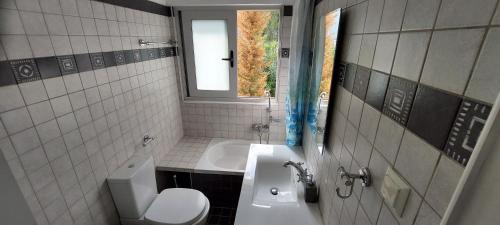 bagno con lavandino, servizi igienici e finestra di Lefkada Unique Sea View Apartment a Nydri