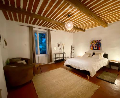 a bedroom with a bed and a chair in it at Le Mas d’Aloha in Plan-dʼOrgon