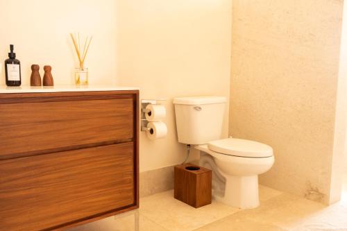 a bathroom with a toilet and a wooden cabinet at ConSentido Tamarindo in Mérida