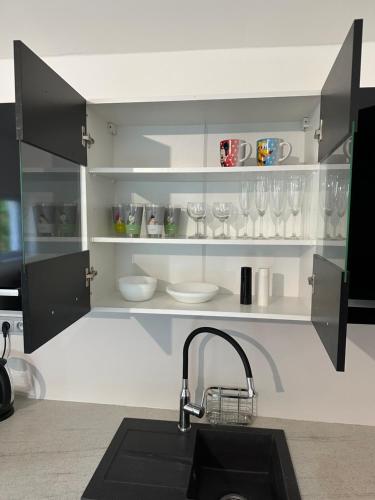 a kitchen with a sink and glasses on shelves at Apartmán byt 75m2 klid příroda pro rodinu in Prague