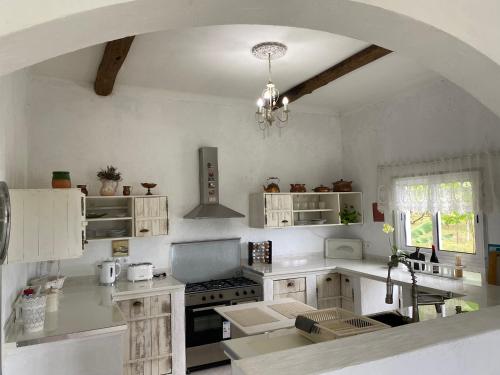 Il comprend une cuisine avec des placards blancs et un lustre. dans l'établissement Ocean Garden, 4 units by the ocean, à São Vicente
