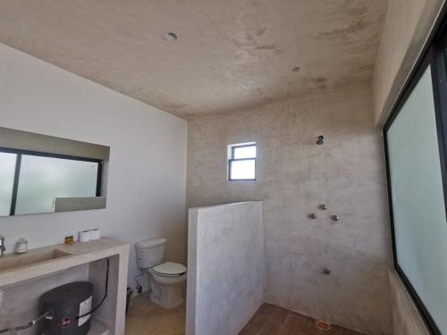 a bathroom with a shower and a toilet and a sink at Loft con alberca en Telchac in Telchac Puerto