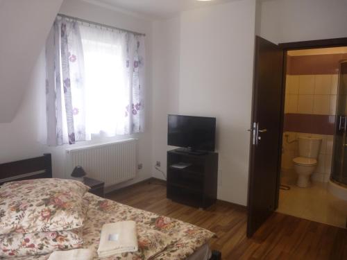 a bedroom with a bed and a television and a window at Ośrodek Wypoczynkowy Nad Stawem vis a vis Parku Zdrojowego z Tężnią Solankową - B&B Holiday Resort By The Lake - Erholungsheim Am See - Prázdninový dům U Jezera in Kudowa-Zdrój