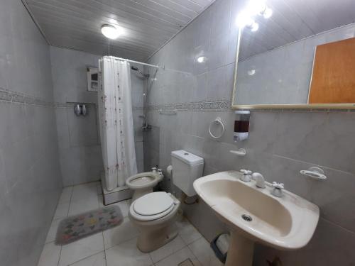 y baño con aseo, lavabo y ducha. en Cabaña Ayelen en Esquel
