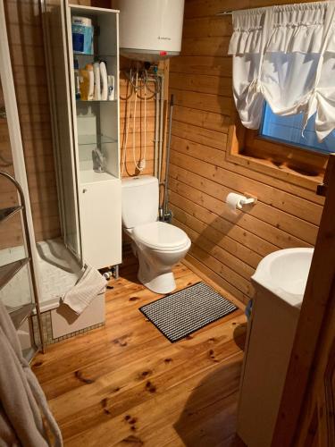 ein Bad mit einem WC und einem Waschbecken in der Unterkunft Domek w Górkach in Górki Wielkie