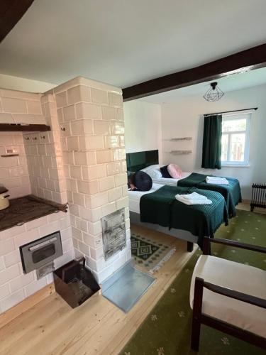 ein Wohnzimmer mit einem Kamin und einem Bett sowie ein Schlafzimmer in der Unterkunft Ojcowizna na Kresach in Jurowlany