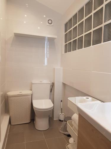 Baño blanco con aseo y lavamanos en Charmante villa proche de la gare et de Paris, en Les Pavillons-sous-Bois
