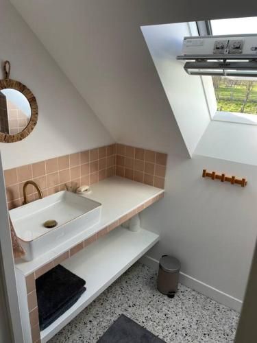 une salle de bain blanche avec un lavabo et un miroir dans l'établissement La Grange du Bois Germain, à Saint-Antonin-de-Sommaire