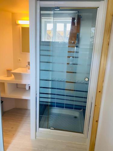 une douche en verre dans une salle de bain avec un lavabo dans l'établissement studio coquet, au Guilvinec