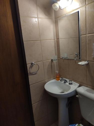 La salle de bains est pourvue d'un lavabo, de toilettes et d'un miroir. dans l'établissement LC House, à Potrerillos