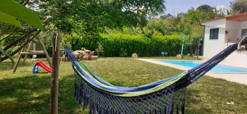 a blue hammock in a yard next to a pool at Villa Garden & Pool - Alojamentos in Celorico de Basto