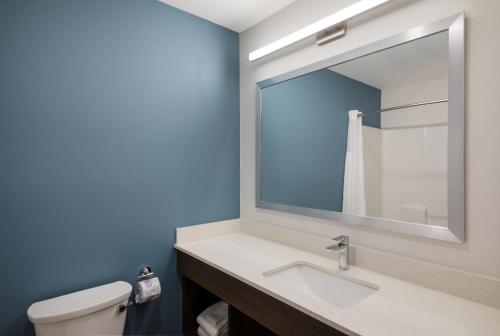 a bathroom with a sink and a mirror and a toilet at WoodSpring Suites Austin Central in Austin