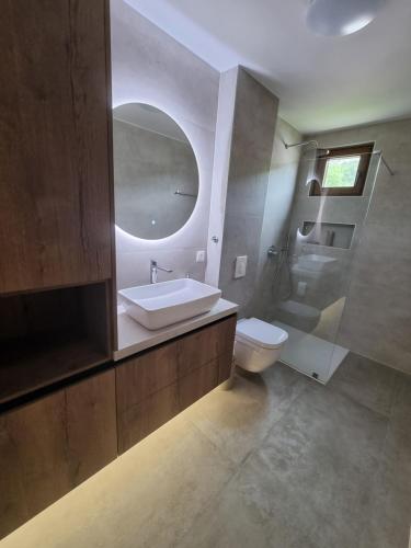 a bathroom with a sink and a toilet and a mirror at Villa Maslina in Ljubuški