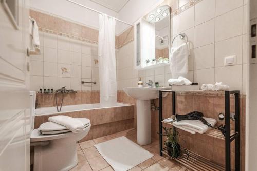 ein Badezimmer mit einem Waschbecken, einem WC und einer Badewanne in der Unterkunft Luxury Beach House in Volos