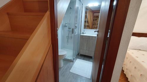 a bathroom with a shower and a toilet and a sink at Casa Caminho da Ponte in Monção